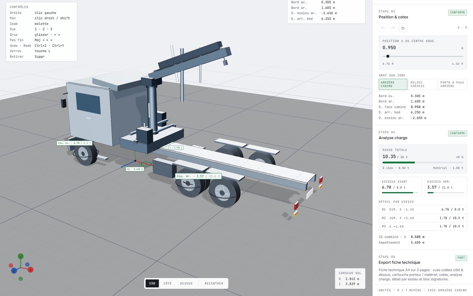 Démo du configurateur 3D : grue de manutention posée sur un porteur à trois essieux avec ses cotes, panneau de position et d'analyse de charge à droite